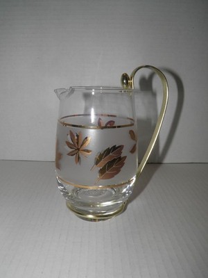 Vintage MCM Libbey Frosted Gold Leaf Mini Pitcher 16oz Removable Handle VGUC