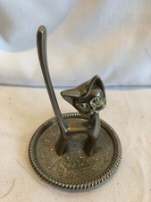  Vintage Silver Coloured Cat Ring Holder on Round Metal Base