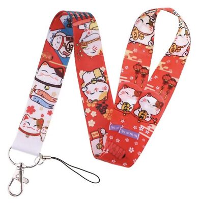 Maneki Neko Cat Figurine Good Luck Lucky Fortune Raised Paw Japan Neck Lanyard