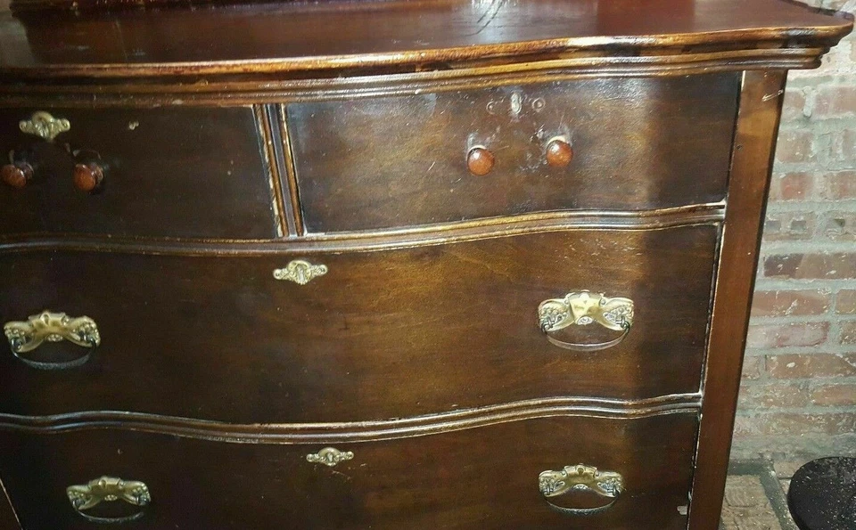 Antique Vanity Dresser Chest of Drawers w Attached Mirror & Curved Drawers - Image 3 of 4
