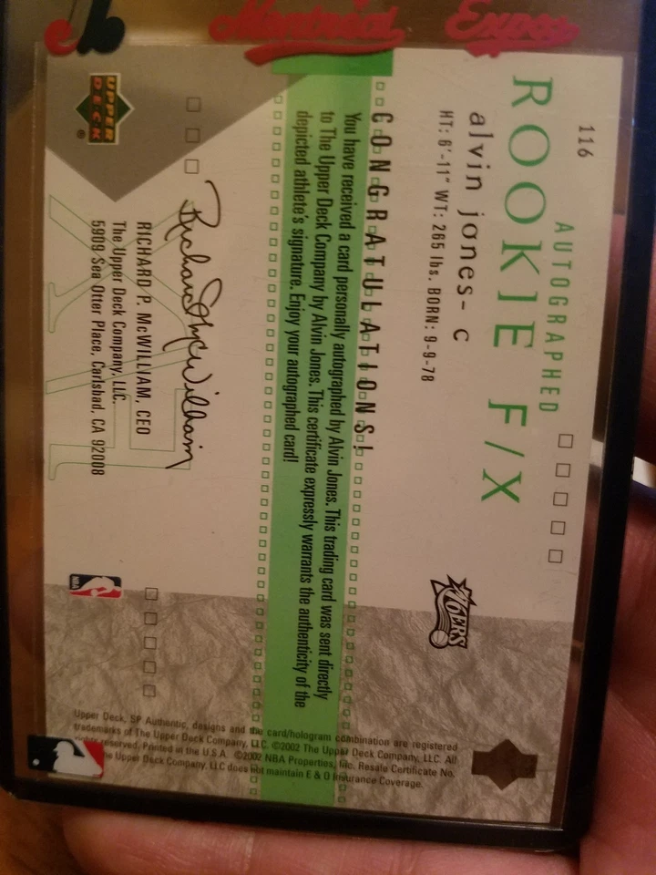 2002 Sp authentic Rookie F/X Autograph Alvin Jones 76ERS #243/1525 - Image 3 of 3