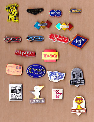 Vintage CAMERA PHOTO FILM stick pin badges 1960s Logo Foto Fuji Canon Kodak Agfa