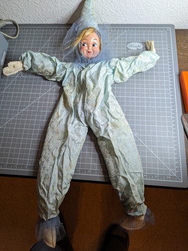 VTG 1950s Blue Satin Christmas PIXIE ELF BOUDOIR Bed Doll 24" Handpainted Face