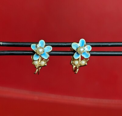 Dainty Vintage Earrings ACCESSOCRAFT NYC Enamel BLUE Flower Daisy Faux Pearl 