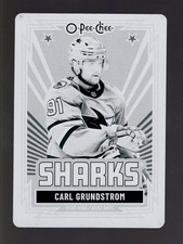 2025-26 O-PEE-CHEE RETRO #284 CARL GRUNDSTROM BLACK PRINTING PLATE 1/1 SHARKS
