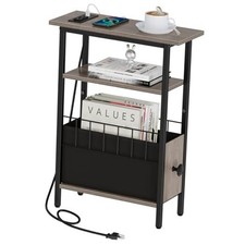 Narrow Side Table with Charging Station, Slim End Table for Small Spaces, Grey