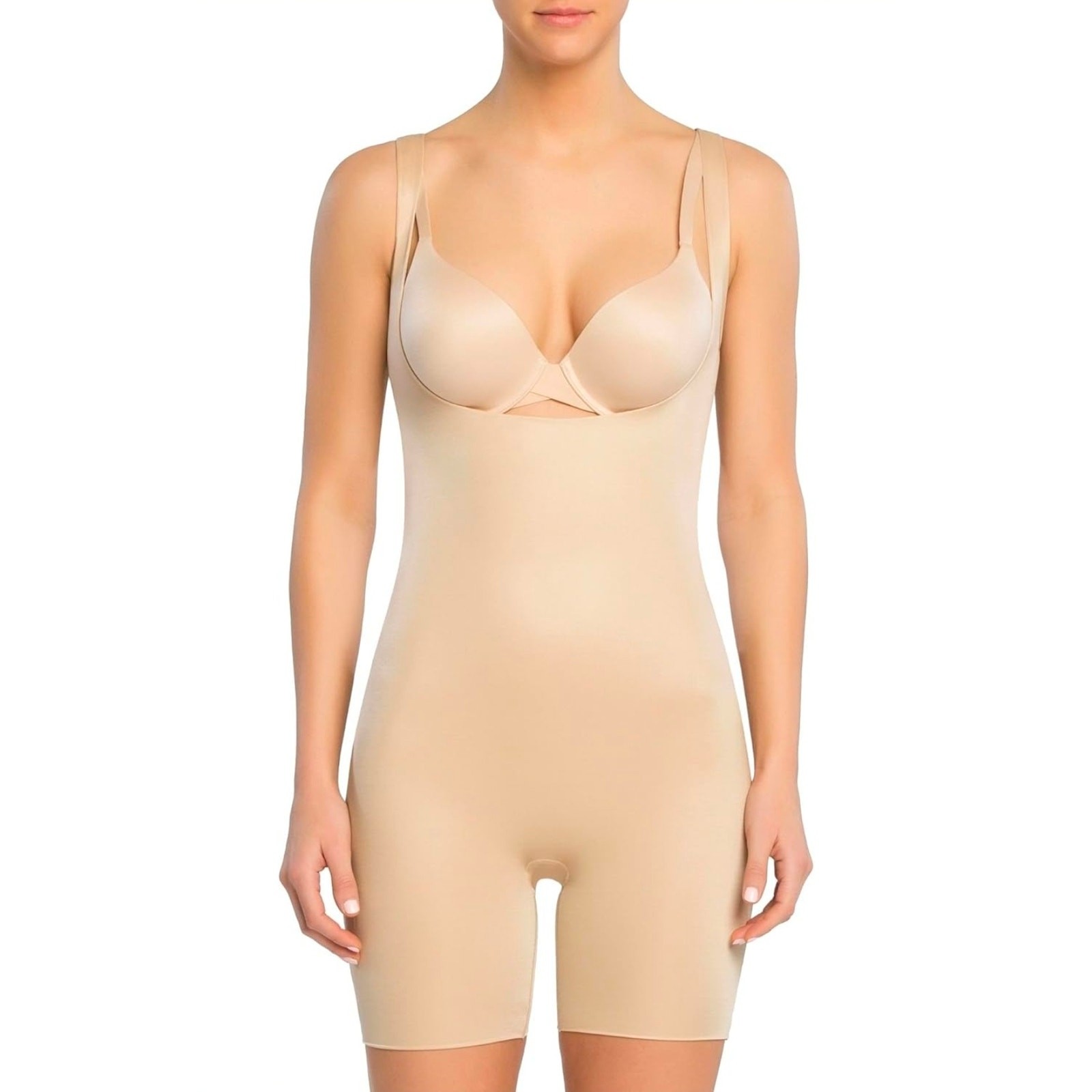 SPANX womens Power Conceal-her Open-bust Mid-thigh Bodysuit nude tan large new
