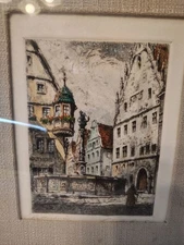 Vintage Framed St. George Fountain Rothenburg Germany Etching Wall Art, Signed