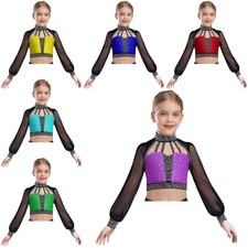Kids Girls Crop Top Shiny Rhinestones Vest Sports Shirts Figure Skating Modern