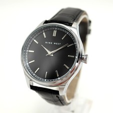 Nine West Mens Silver Tone Classic Dress 42mm Watch Black Leather w New Battery