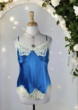 Blue Silk Camisole Tank Top Lace Trim Cottage Coquette Ethereal Y2K Dreamy 12P
