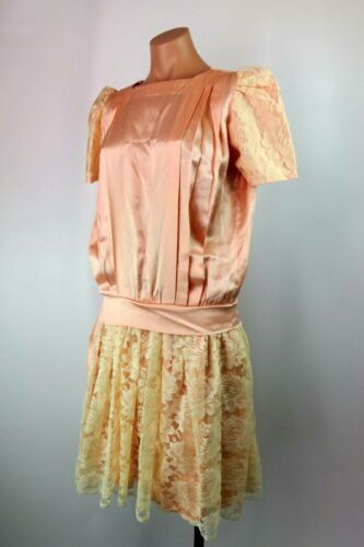 VTG 80s Peach Pouf Sleeve Lace Pleated Party Prom Dress Drop Waist Bow Sz M - Picture 1 of 9