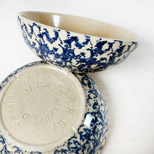 Set of 2 Salad Bowls * Roseville, Ohio Pottery * 25 oz Blue RRP Spongeware