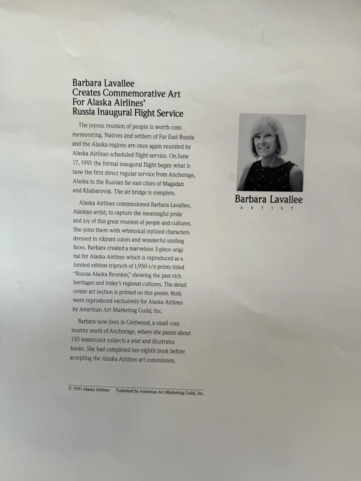 Barbara Lavallee Alaska Airlines 1991 “Russia Alaska Reunion” poster SIGNED - Image 4 of 4