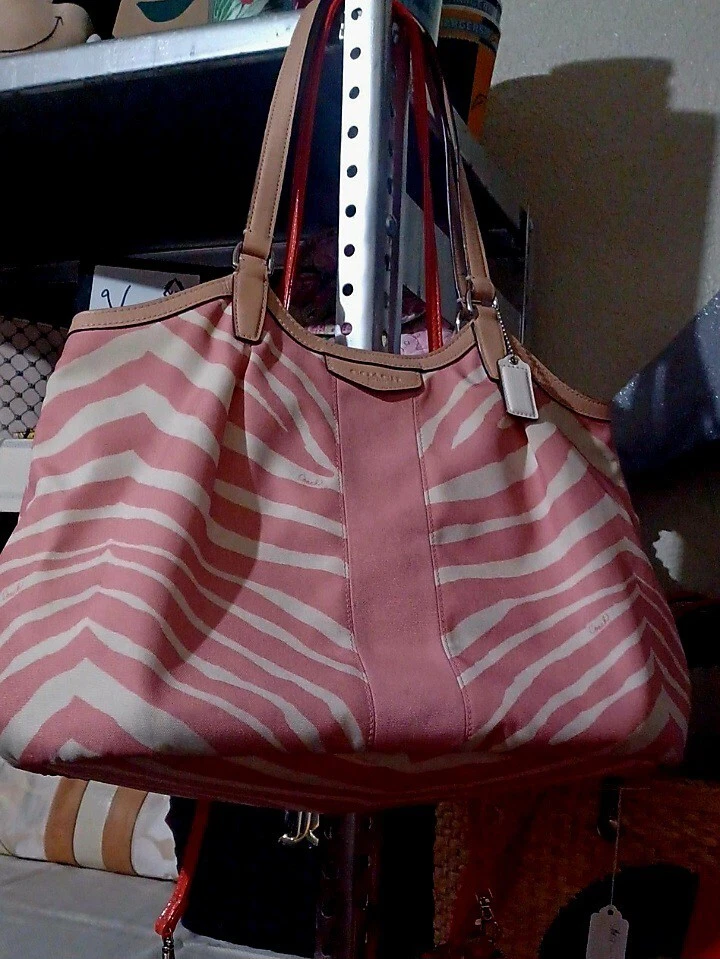 Bolso de Hombro Coach Devin Rosa Tul Peyton Estampado Animal Cebra Cremallera Superior #724002