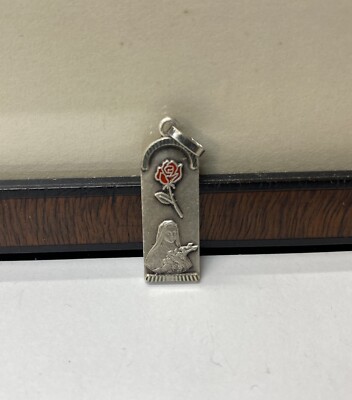 Vintage Sainte Therese Protegez Nous Silver Tone Pendant Enamel Red Rose