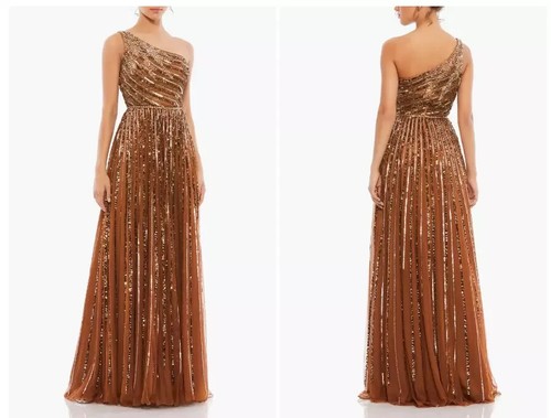 Mac Duggal Copper One-Shoulder Beaded Sequin Gown Size 10 $598