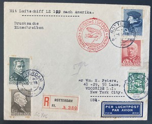 1936 Rotterdam Netherlands LZ 129 Hindenberg Zeppelin FFC Cover to New York Usa