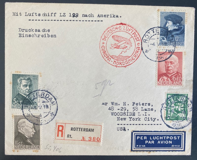 1936 Rotterdam Netherlands LZ 129 Hindenberg Zeppelin FFC Cover to New York Usa