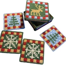 Handcrafted Needlepoint Coaster Set 6 Tree Designs moose winter Christmas box