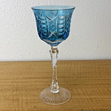 Teal Light Turquoise Blue Cut to Clear Crystal Hock Wine Glass Goblet