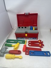 Vintage 1991 Fisher Price 77163 Red Plastic Tool Box Pretend Play W/ Tools 7176