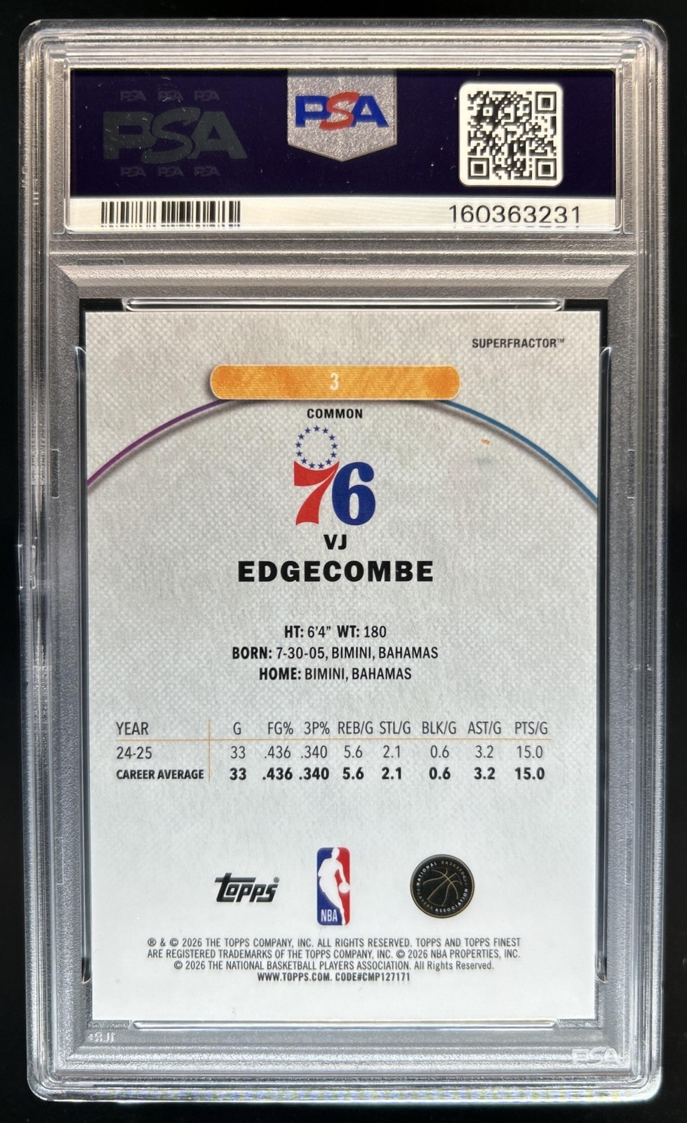 2025-26 Topps Finest VJ Edgecombe Common RC SuperFractor Rookie #1/1 76ers PSA 8 view 2