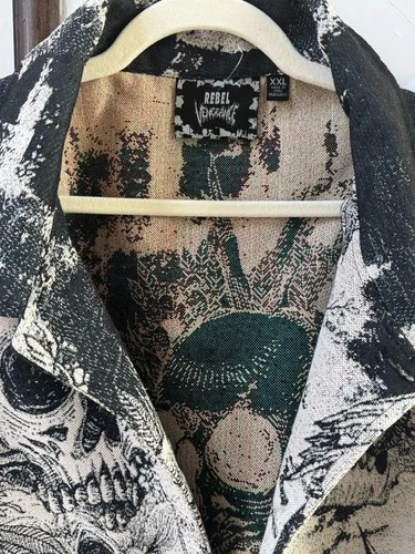 Rebel Vengeance XXL Skull Floral Tapestry Button Front Jacket Black Cream NWOT image 7