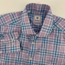David Donahue Button Down Men L Blue Pink Plaid Cotton Long Sleeve Dress Shirt
