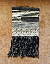 Woven Black & White Textile Wall Hanging with Fringe