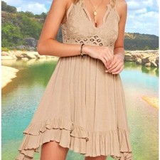 ~ Boho Sundress Le Miel Crochet Med Beachy Tan Mini Slip Dress Layered Bralette
