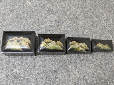 Japanese Nesting Trinket Boxes Set of 4 MCM Wooden Vintage Black Laquer Mountain