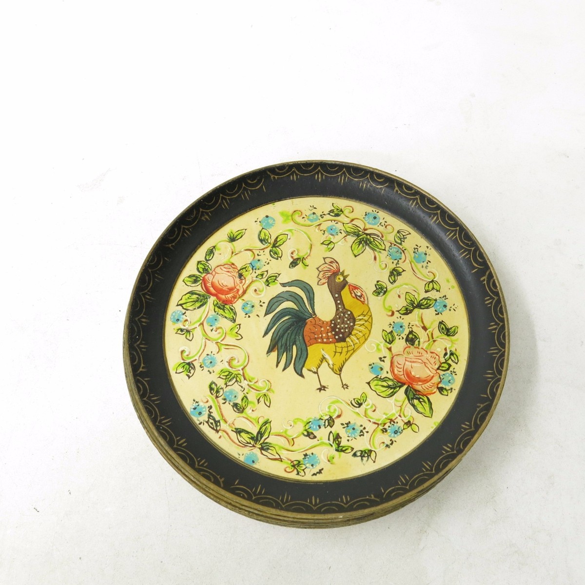 Vtg 1940'S Handpainted LACQUER ROOSTER DECORATIVE PLATES Lot of 8