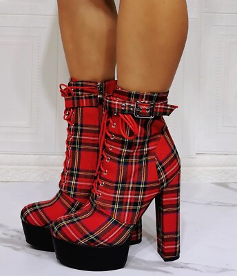 ONLYMAKER RED BLUE PLAID PLATFORM COMBAT BOOTS - Main Image