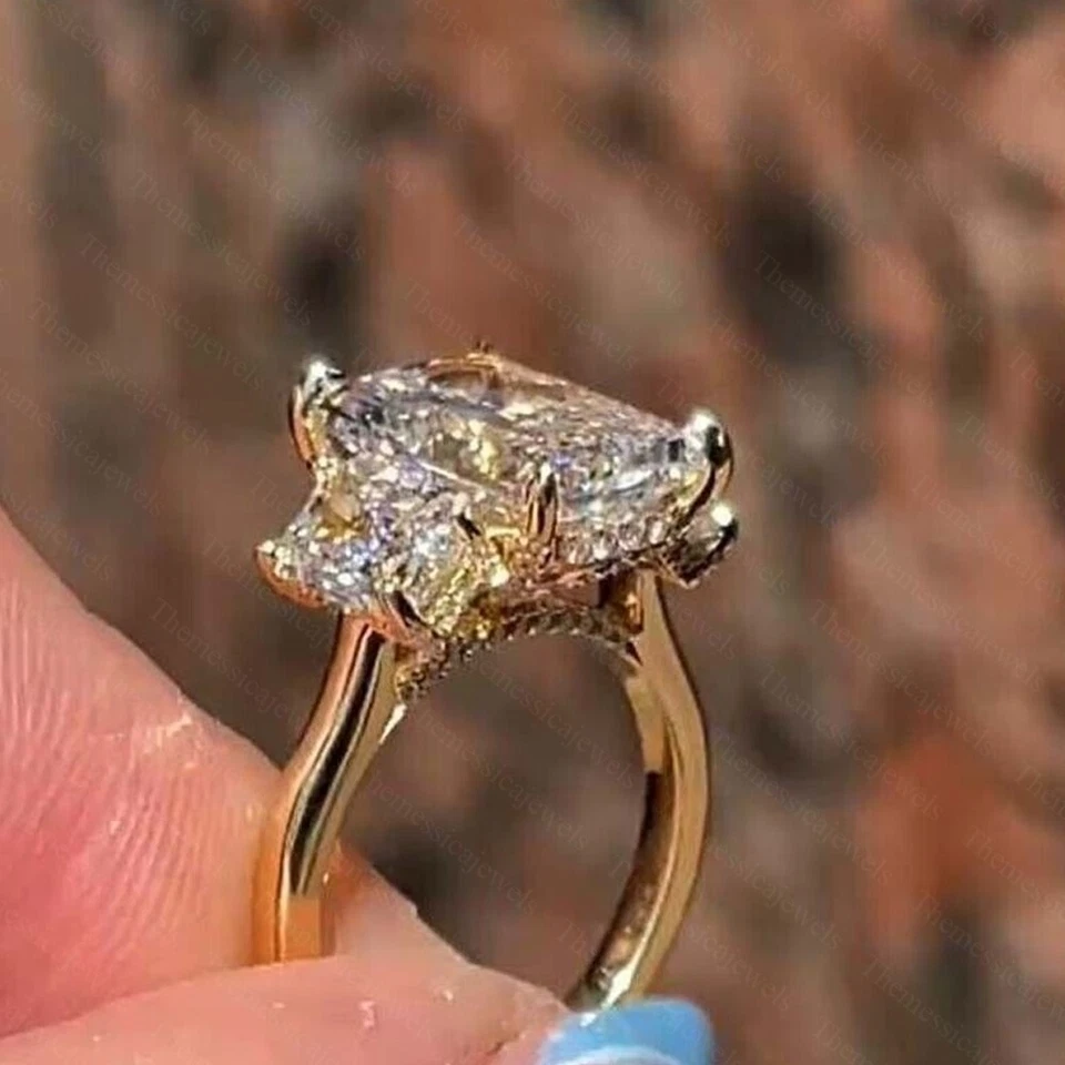 10x8mm Radiant Cut Moissanite Three Stone Engagement Ring 14k Yellow Gold Plated - Image 4 of 4