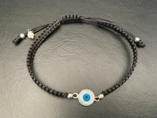 925 Sterling Silver Evil Eye Mati Nazar Cord Friendship Black Bracelet MOP Round