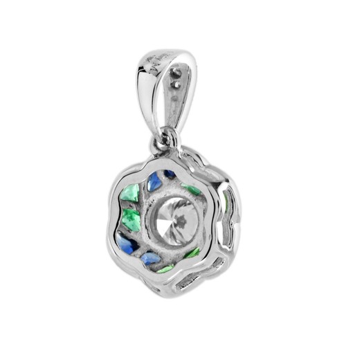 18K White Gold Natural Round Diamond with Emerald Sapphire Rose Floral Pendant - Picture 4 of 11