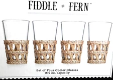 Fiddle & Fern Set of Four Cooler Drinking Glasses with Rattan Wicker Sleeves