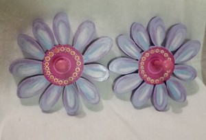 Set of 2 Wooden Flower Wall Hooks Kids Room Decor Purple Pink Blue w/ Glitter