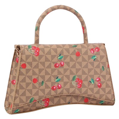 New Monogram Cherry Printed Satchel Crossbody Purse Light Brown