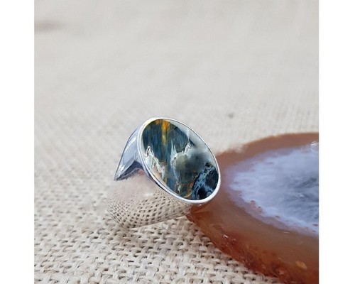 Solid 925 Sterling Silver Natural Flat Blue Pietersite Gemstone Huge Men's Ring - Picture 8 of 11