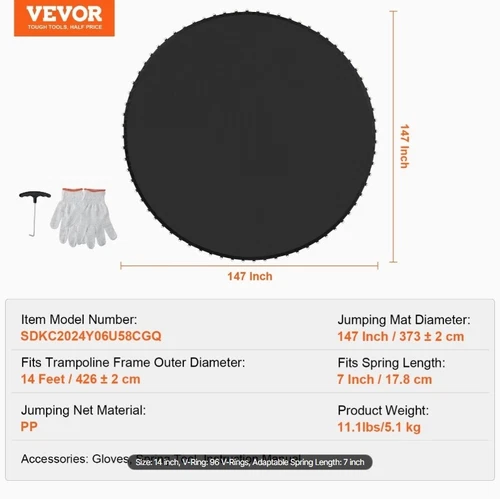 VEVOR Replacement Trampoline Mat Fits 14ft Frame 96 V-Rings 7" Spring Length