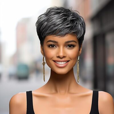 Short Black Mixed Gray Pixie Cut Wig Natural 100% Human Hair Wigs Natual Looking