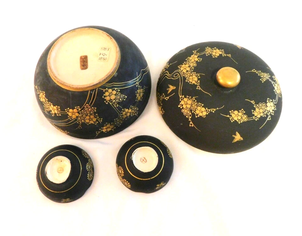 Juego de tazones de nuez Satsuma Shimadzu negro dorado antiguo B7 Foto 4 de 4