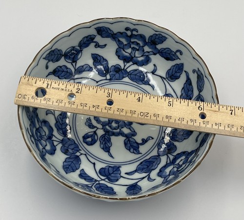 Japanese Porcelain Bowl Blue and White Mitsumine Minoyaki Signed Vintage Floral - Picture 5 of 6