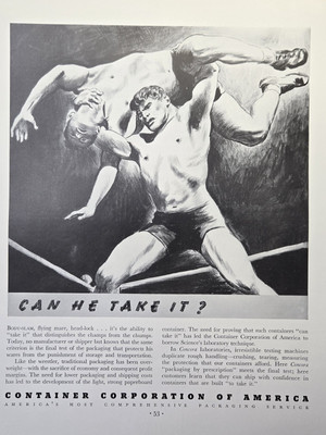 Container Corporation of America Able to Take It Wrestlers Vintage Print Ad 1936
