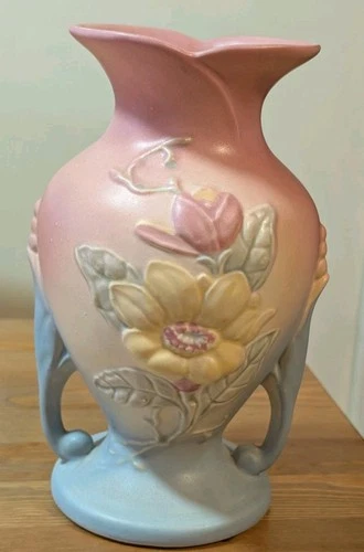 Hull Art Pottery Magnolia Pink Vase Double Blue Handles & Base 8.75" Vtg Floral