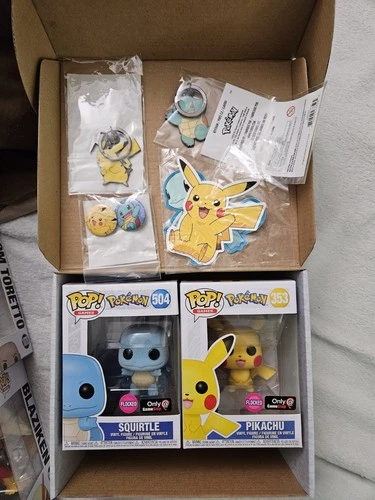 Game Stop Funco Pop Flocked Pokemon Squirtle Pikachu Combo Set.