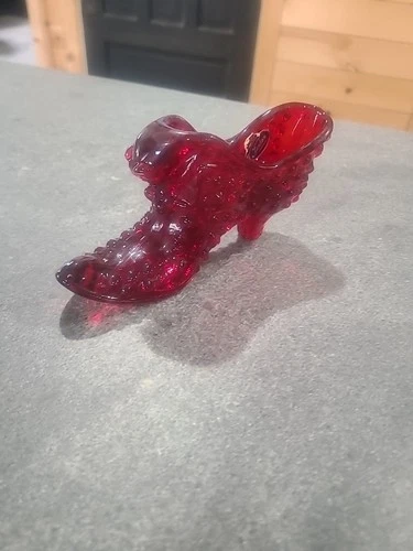 Fenton Art Glass Ruby Red CAT HEAD Hobnail Shoe Slipper Boot Figurine