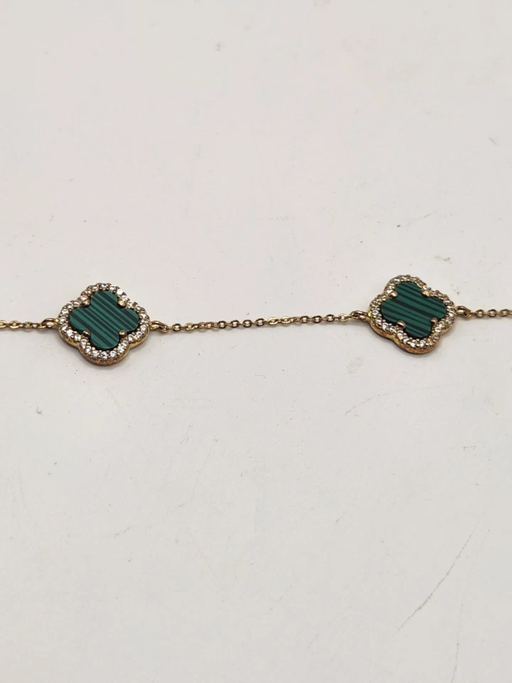 Brazalete trébol de malaquita/circonita cúbica genuina plata de ley 925 oro vermeil 7" delicado Foto 3 de 4
